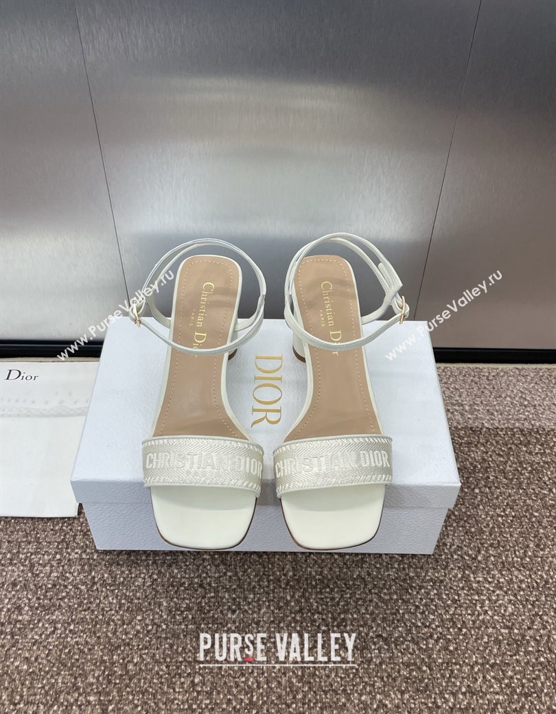 Dior Dway Heeled Sandals 7.5cm in White Embroidered Satin and Lambskin 2024 (JC-241231070)