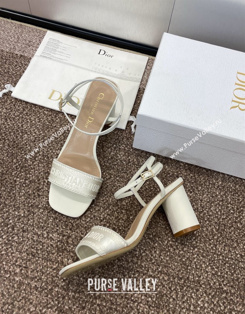 Dior Dway Heeled Sandals 7.5cm in White Embroidered Satin and Lambskin 2024 (JC-241231070)