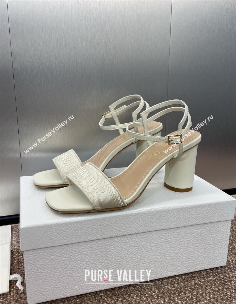 Dior Dway Heeled Sandals 7.5cm in White Embroidered Satin and Lambskin 2024 (JC-241231070)