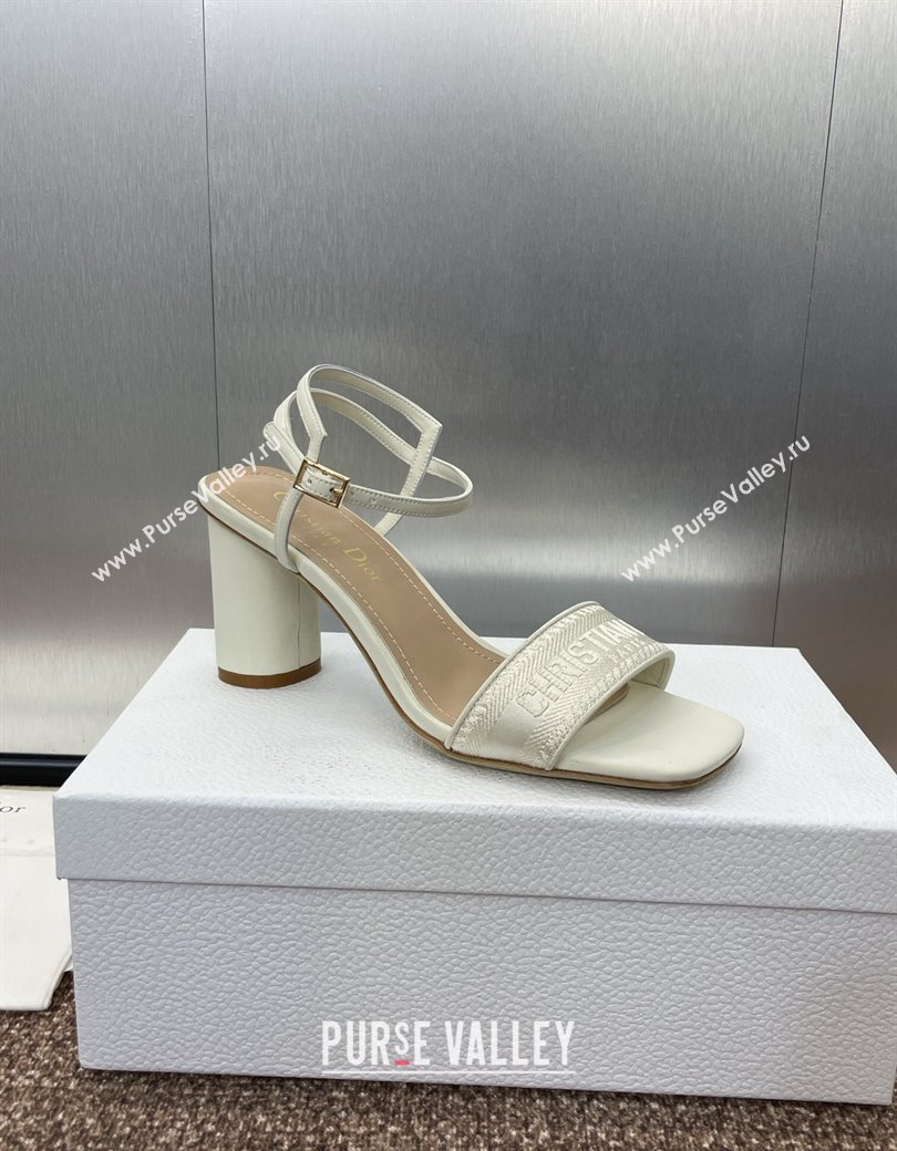 Dior Dway Heeled Sandals 7.5cm in White Embroidered Satin and Lambskin 2024 (JC-241231070)