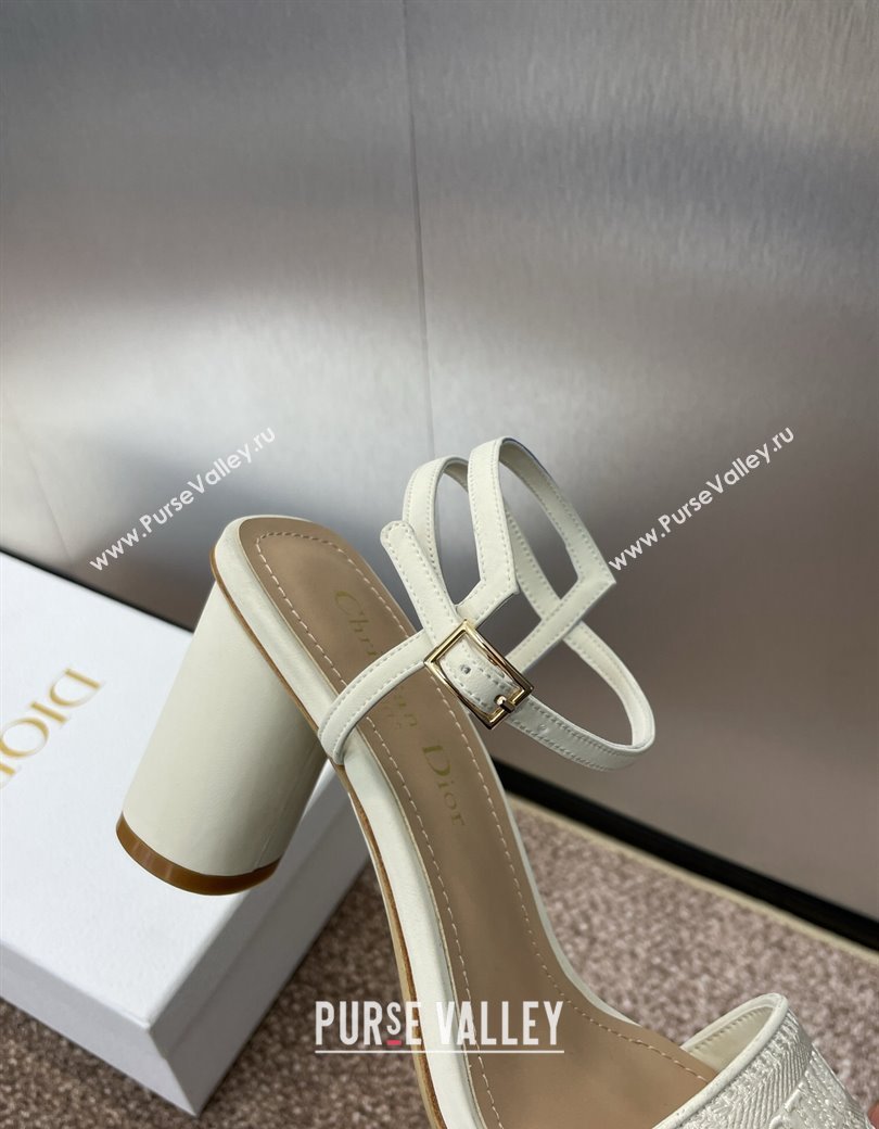 Dior Dway Heeled Sandals 7.5cm in White Embroidered Satin and Lambskin 2024 (JC-241231070)