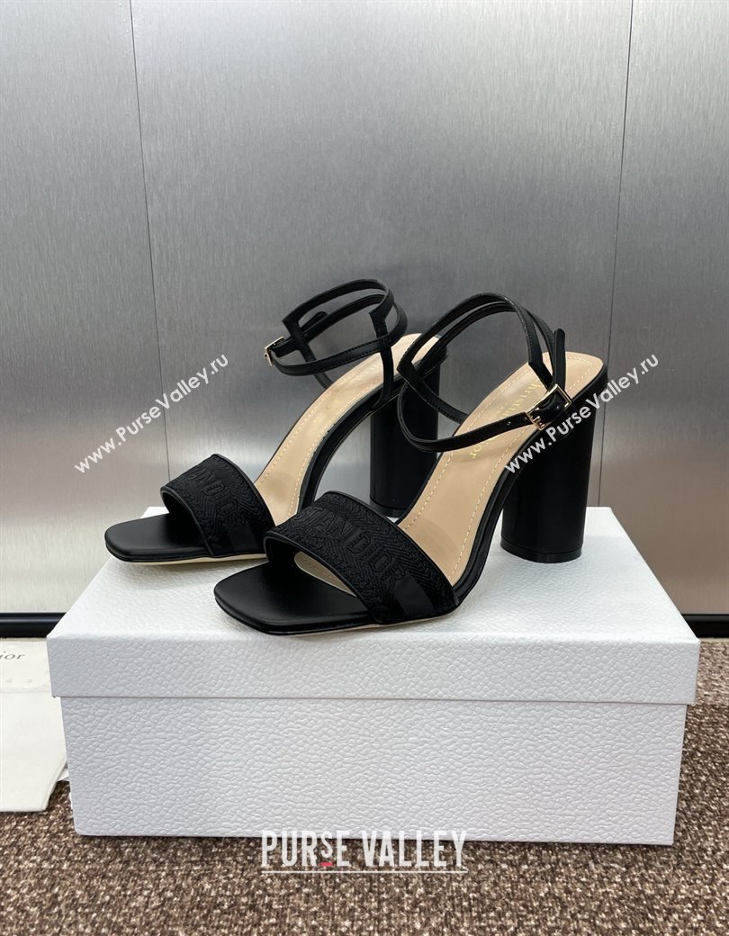 Dior Dway Heeled Sandals 9.5cm in Black Embroidered Satin and Lambskin 2024 (JC-241231071)