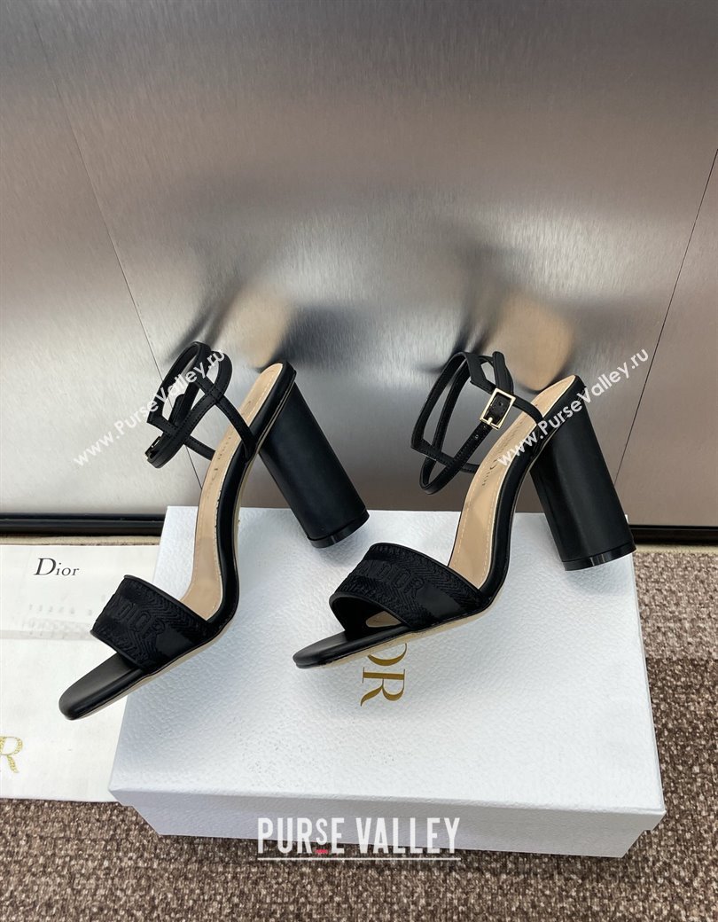 Dior Dway Heeled Sandals 9.5cm in Black Embroidered Satin and Lambskin 2024 (JC-241231071)