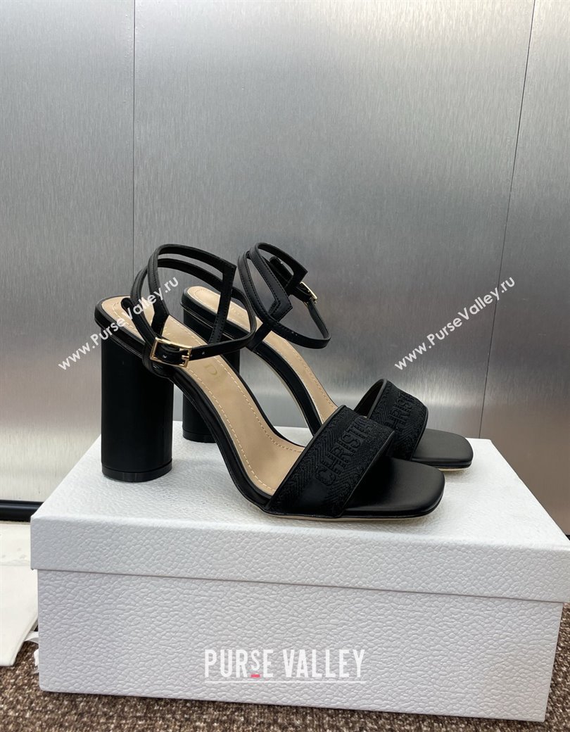 Dior Dway Heeled Sandals 9.5cm in Black Embroidered Satin and Lambskin 2024 (JC-241231071)