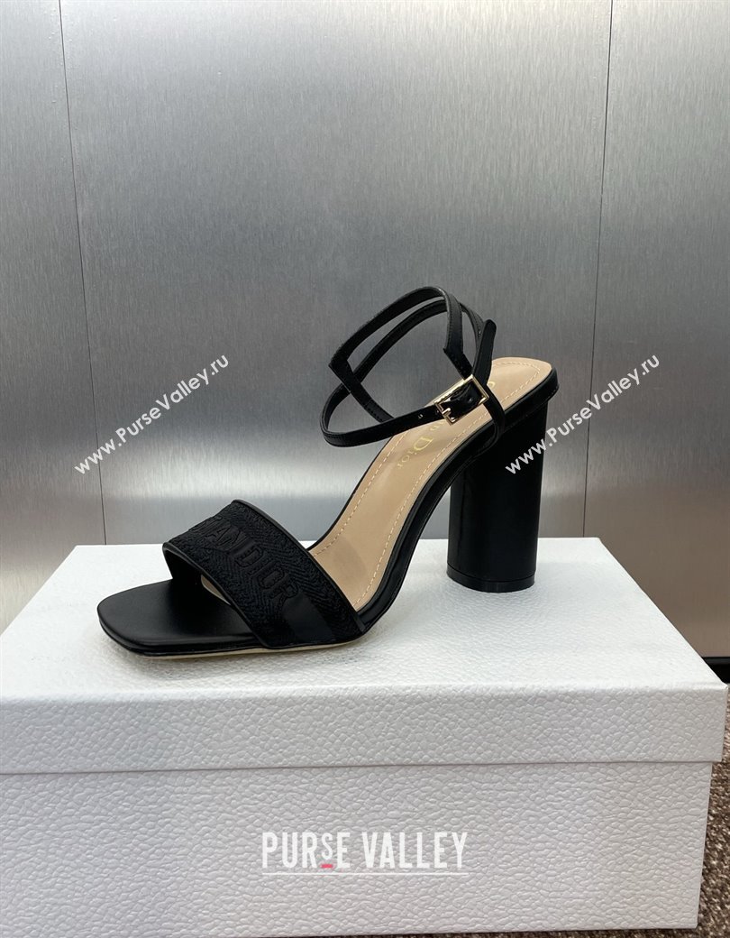 Dior Dway Heeled Sandals 9.5cm in Black Embroidered Satin and Lambskin 2024 (JC-241231071)