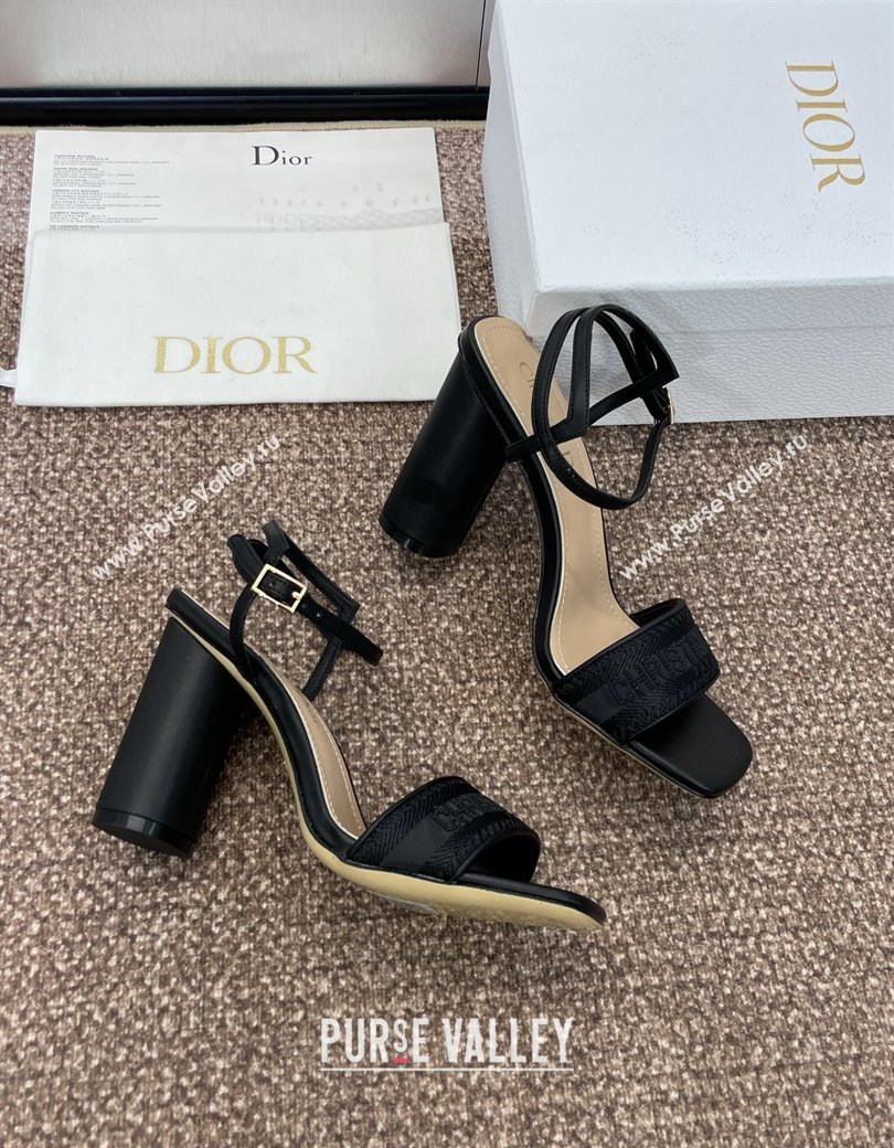 Dior Dway Heeled Sandals 9.5cm in Black Embroidered Satin and Lambskin 2024 (JC-241231071)