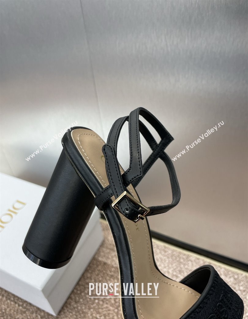 Dior Dway Heeled Sandals 9.5cm in Black Embroidered Satin and Lambskin 2024 (JC-241231071)