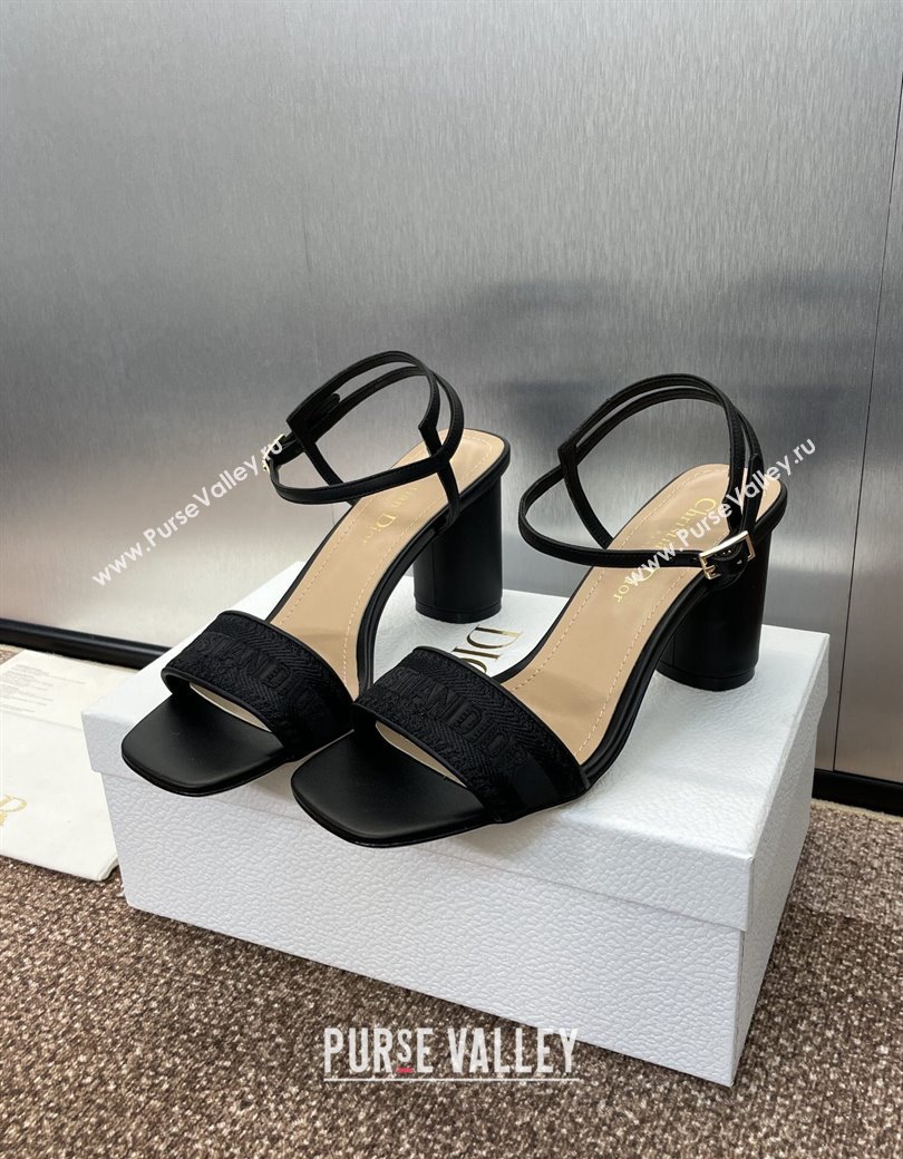 Dior Dway Heeled Sandals 7.5cm in Black Embroidered Satin and Lambskin 2024 (JC-241231072)