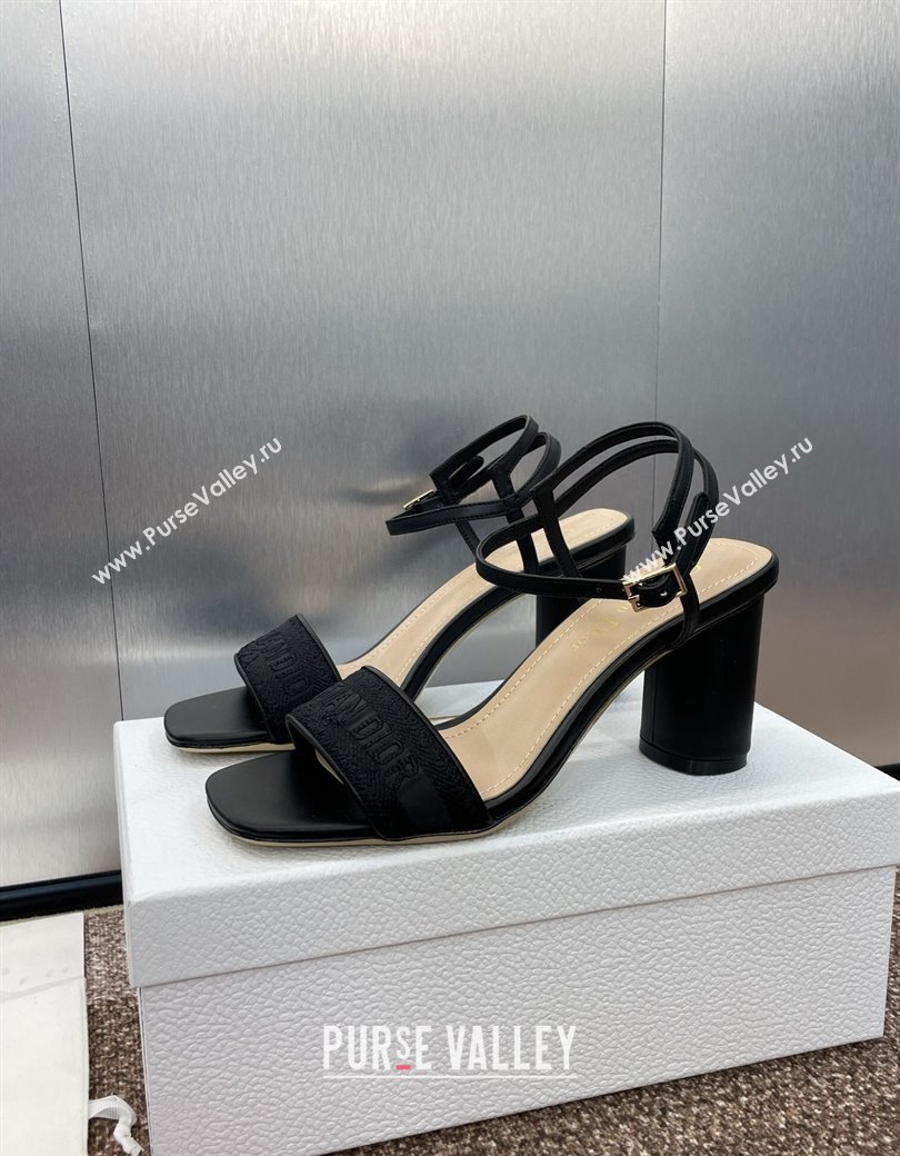 Dior Dway Heeled Sandals 7.5cm in Black Embroidered Satin and Lambskin 2024 (JC-241231072)