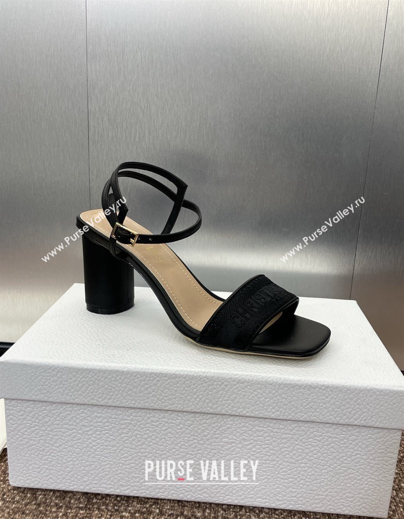 Dior Dway Heeled Sandals 7.5cm in Black Embroidered Satin and Lambskin 2024 (JC-241231072)