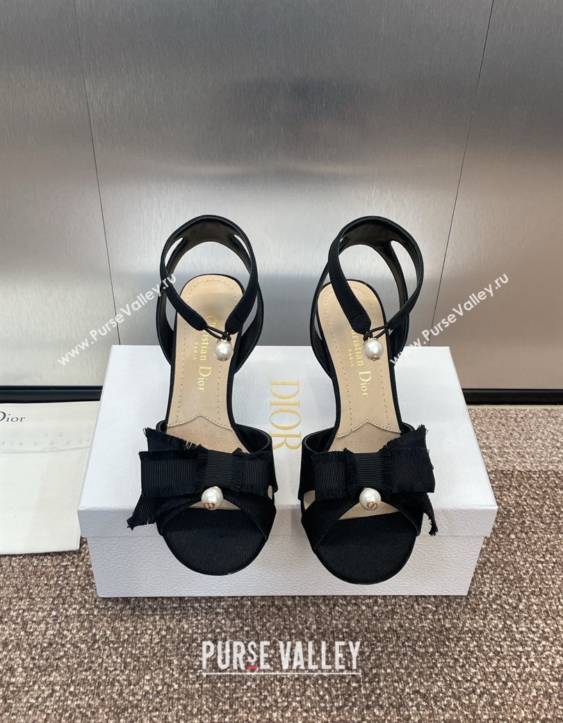 Dior Adiorable Heeled Sandals 7.5cm in Black Fringed Grosgrain with Pearls and Bow 2024 (JC-241231073)