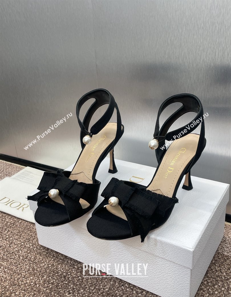 Dior Adiorable Heeled Sandals 7.5cm in Black Fringed Grosgrain with Pearls and Bow 2024 (JC-241231073)