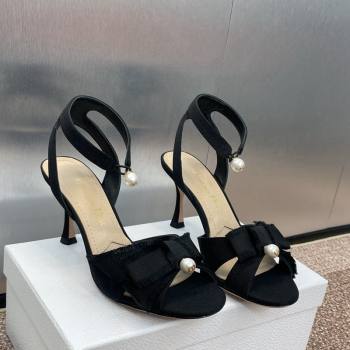 Dior Adiorable Heeled Sandals 7.5cm in Black Fringed Grosgrain with Pearls and Bow 2024 (JC-241231073)