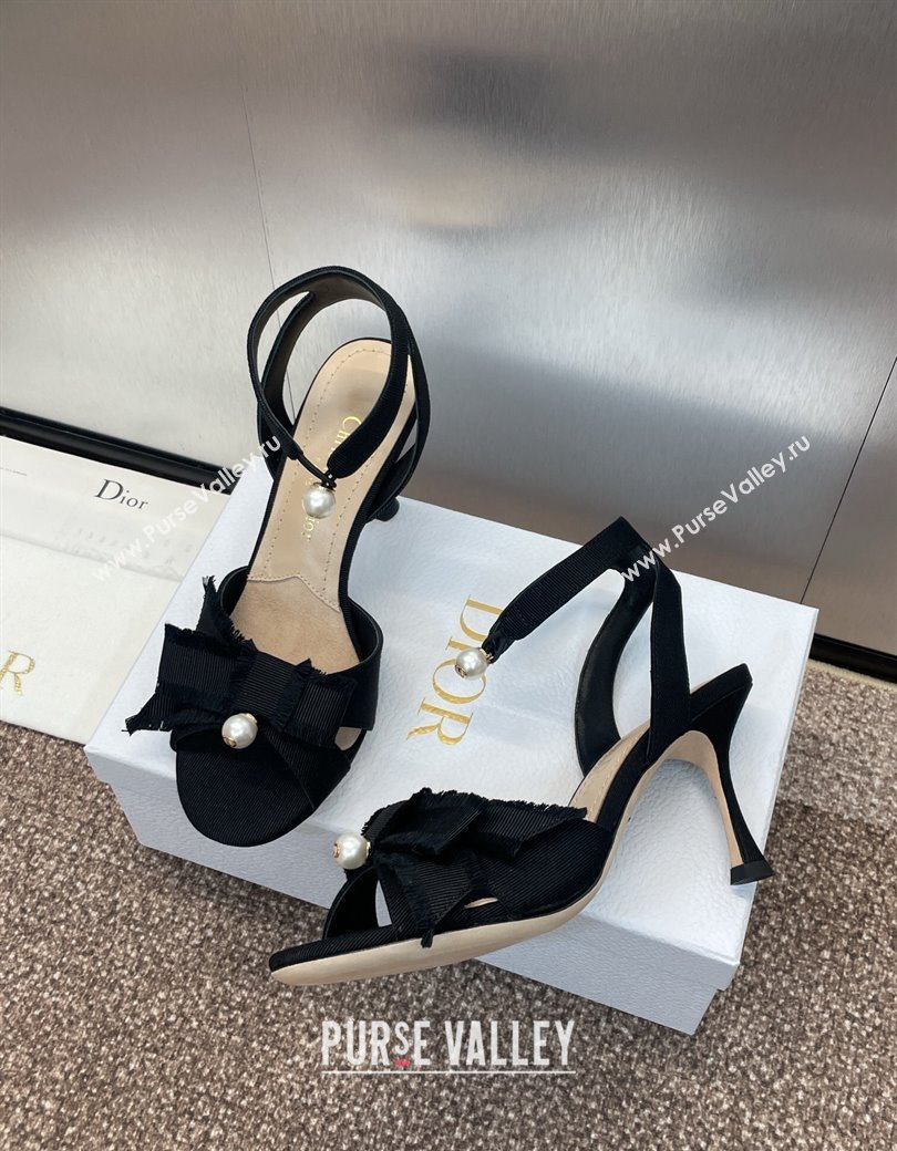 Dior Adiorable Heeled Sandals 7.5cm in Black Fringed Grosgrain with Pearls and Bow 2024 (JC-241231073)