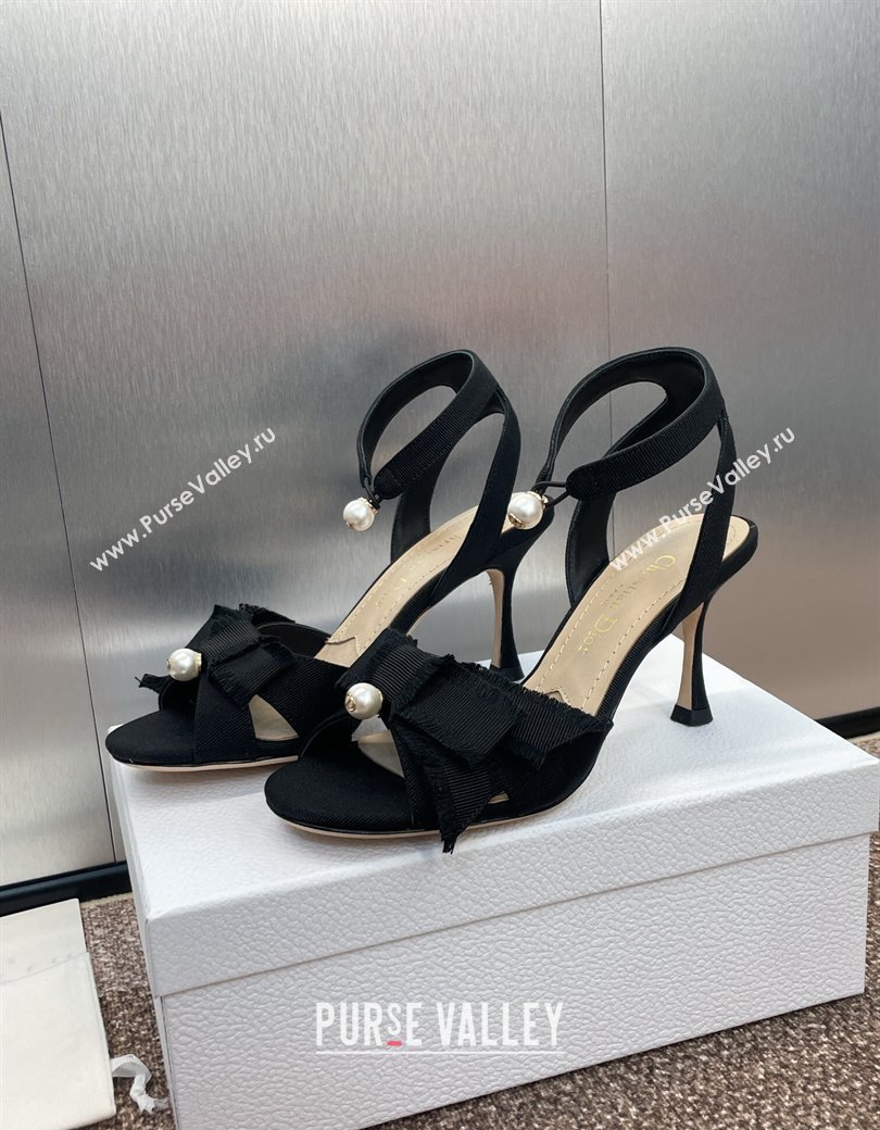 Dior Adiorable Heeled Sandals 7.5cm in Black Fringed Grosgrain with Pearls and Bow 2024 (JC-241231073)