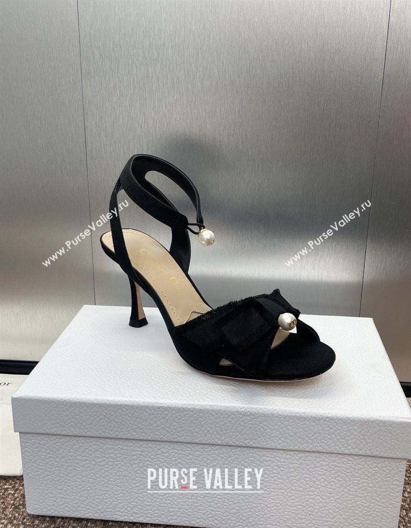 Dior Adiorable Heeled Sandals 7.5cm in Black Fringed Grosgrain with Pearls and Bow 2024 (JC-241231073)