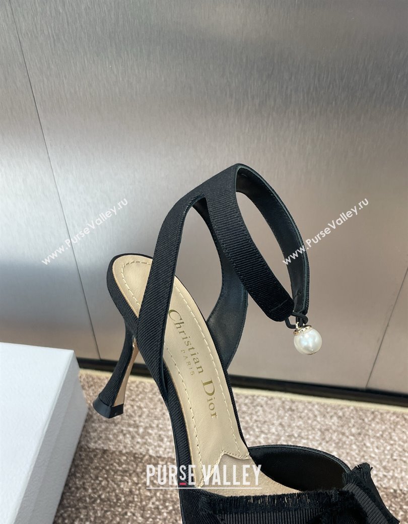 Dior Adiorable Heeled Sandals 7.5cm in Black Fringed Grosgrain with Pearls and Bow 2024 (JC-241231073)