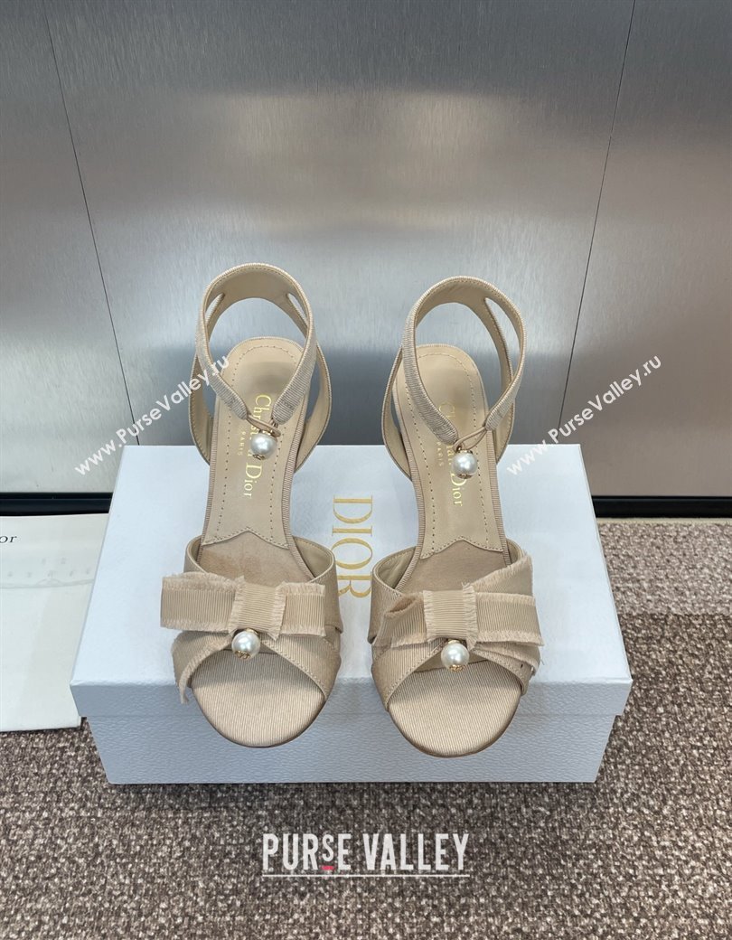 Dior Adiorable Heeled Sandals 7.5cm in Beige Fringed Grosgrain with Pearls and Bow 2024 (JC-241231074)