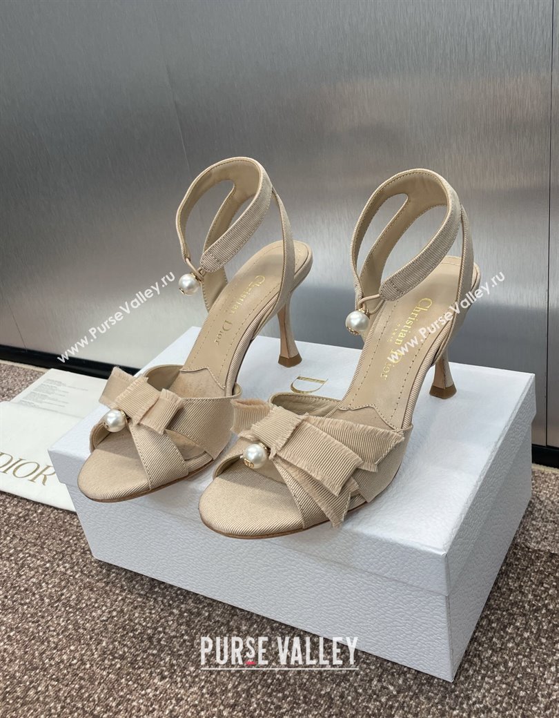 Dior Adiorable Heeled Sandals 7.5cm in Beige Fringed Grosgrain with Pearls and Bow 2024 (JC-241231074)