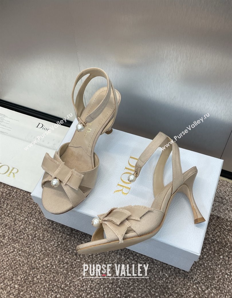 Dior Adiorable Heeled Sandals 7.5cm in Beige Fringed Grosgrain with Pearls and Bow 2024 (JC-241231074)