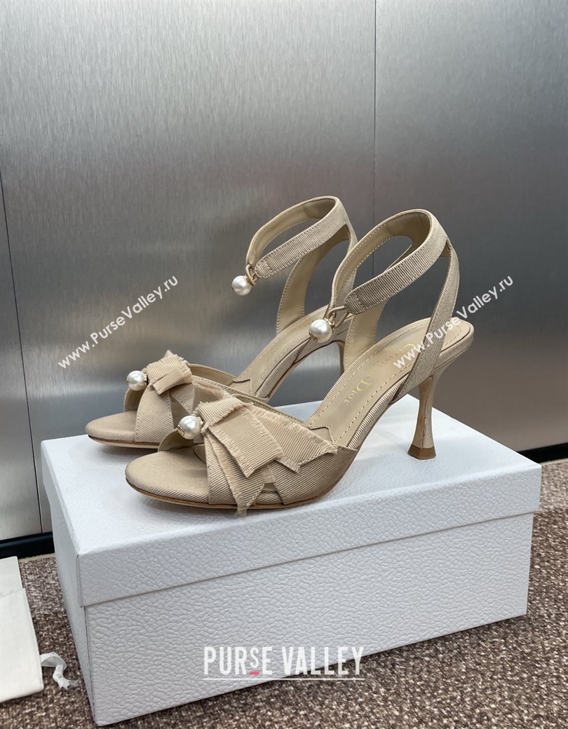 Dior Adiorable Heeled Sandals 7.5cm in Beige Fringed Grosgrain with Pearls and Bow 2024 (JC-241231074)