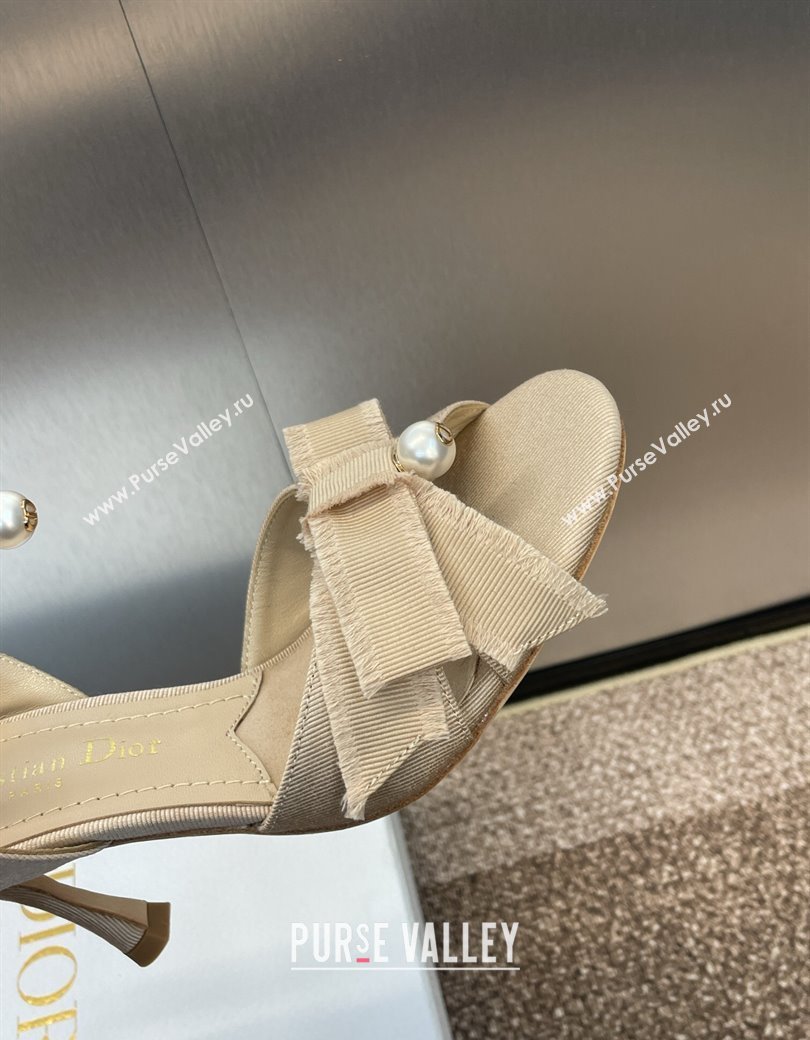 Dior Adiorable Heeled Sandals 7.5cm in Beige Fringed Grosgrain with Pearls and Bow 2024 (JC-241231074)