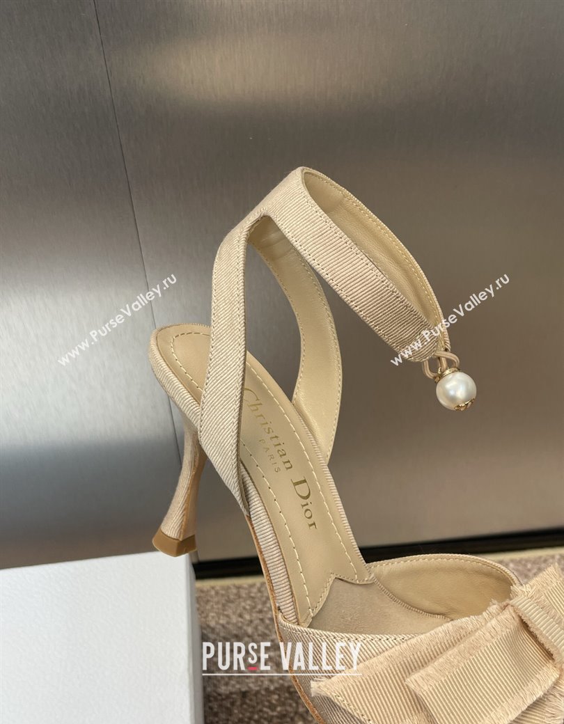 Dior Adiorable Heeled Sandals 7.5cm in Beige Fringed Grosgrain with Pearls and Bow 2024 (JC-241231074)