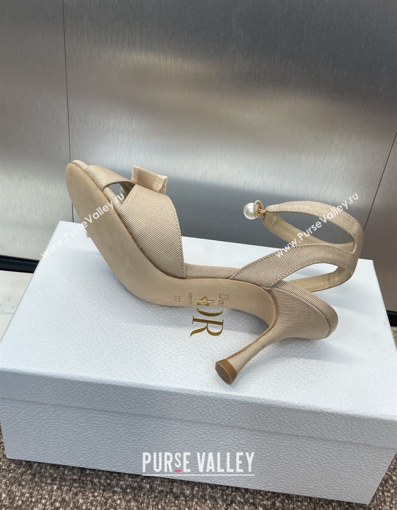 Dior Adiorable Heeled Sandals 7.5cm in Beige Fringed Grosgrain with Pearls and Bow 2024 (JC-241231074)
