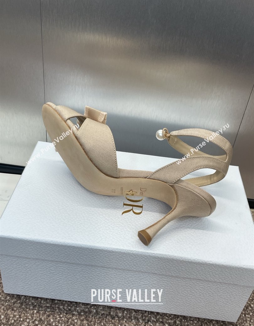 Dior Adiorable Heeled Sandals 7.5cm in Beige Fringed Grosgrain with Pearls and Bow 2024 (JC-241231074)