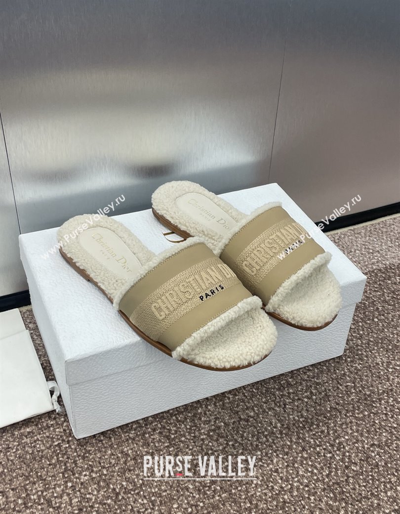 Dior Dway Flat Slides Sandal in Calfskin and Embroidered Cotton with Shearling Lining Beige 2024 (JC-241231075)