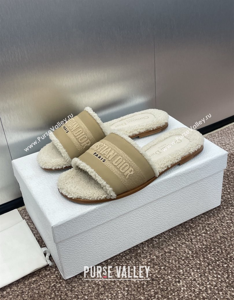 Dior Dway Flat Slides Sandal in Calfskin and Embroidered Cotton with Shearling Lining Beige 2024 (JC-241231075)