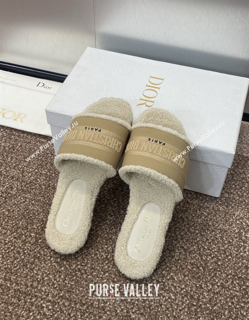 Dior Dway Flat Slides Sandal in Calfskin and Embroidered Cotton with Shearling Lining Beige 2024 (JC-241231075)