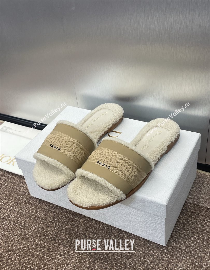 Dior Dway Flat Slides Sandal in Calfskin and Embroidered Cotton with Shearling Lining Beige 2024 (JC-241231075)