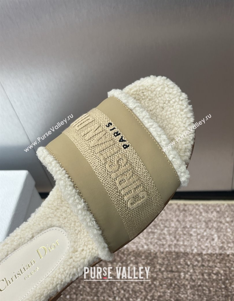 Dior Dway Flat Slides Sandal in Calfskin and Embroidered Cotton with Shearling Lining Beige 2024 (JC-241231075)