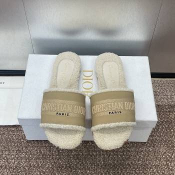 Dior Dway Flat Slides Sandal in Calfskin and Embroidered Cotton with Shearling Lining Beige 2024 (JC-241231075)