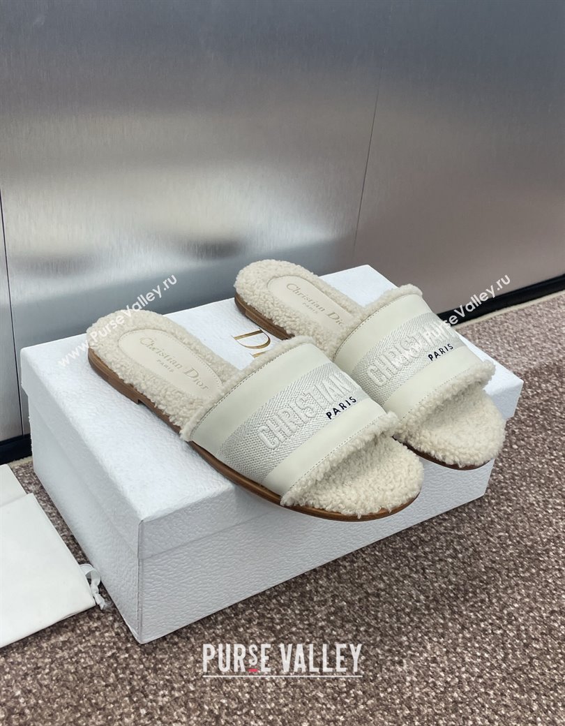 Dior Dway Flat Slides Sandal in Calfskin and Embroidered Cotton with Shearling Lining White 2024 (JC-241231076)