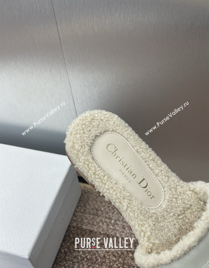 Dior Dway Flat Slides Sandal in Calfskin and Embroidered Cotton with Shearling Lining White 2024 (JC-241231076)