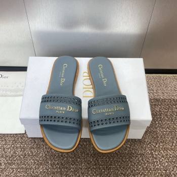 Dior D-Lane Flat Slides Sandal in Calfskin with Openwork Microcannage Motif Blue 2024 (JC-241231034)