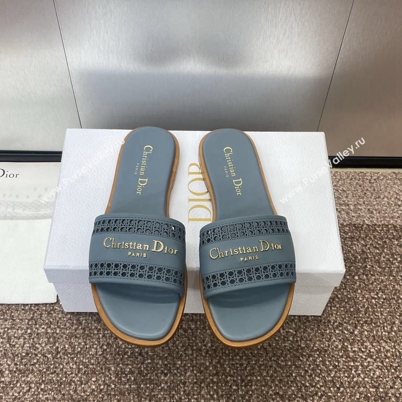 Dior D-Lane Flat Slides Sandal in Calfskin with Openwork Microcannage Motif Blue 2024 (JC-241231034)