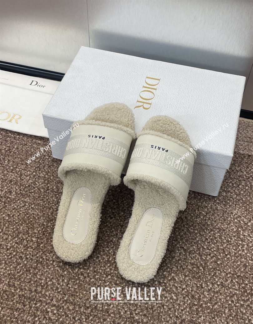 Dior Dway Flat Slides Sandal in Calfskin and Embroidered Cotton with Shearling Lining White 2024 (JC-241231076)