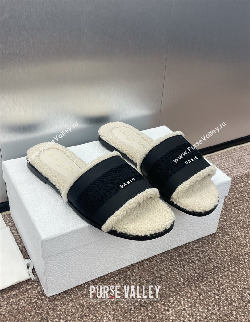 Dior Dway Flat Slides Sandal in Calfskin and Embroidered Cotton with Shearling Lining Black 2024 (JC-241231077)