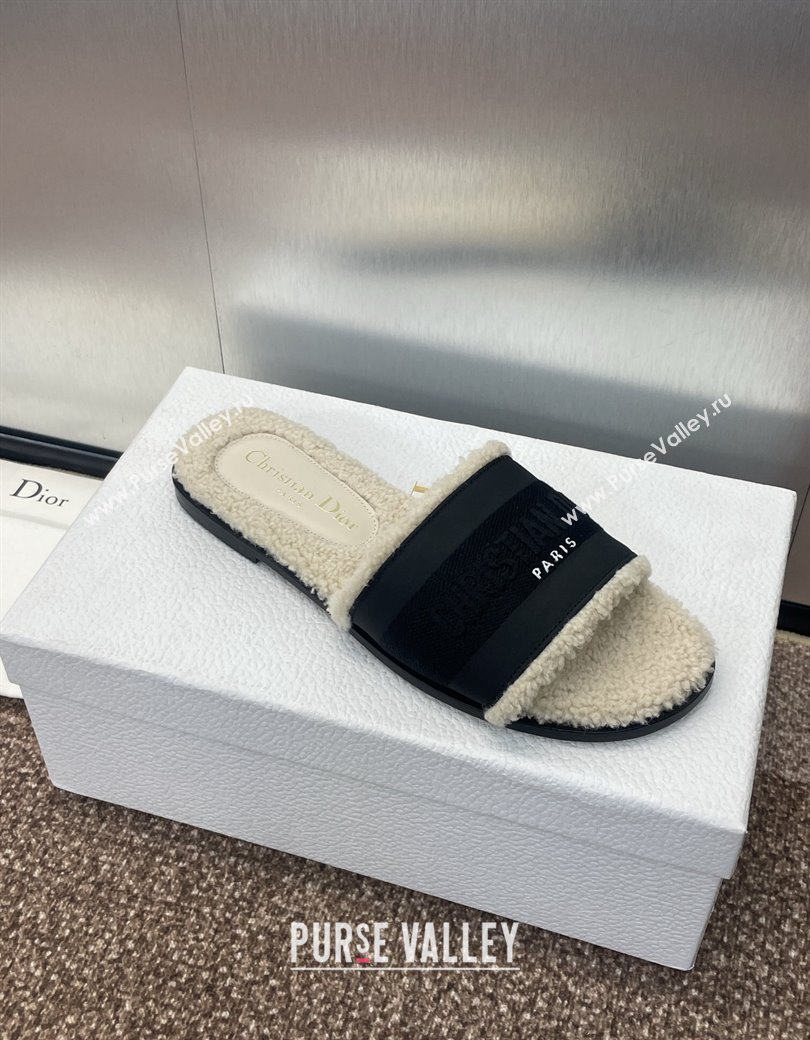 Dior Dway Flat Slides Sandal in Calfskin and Embroidered Cotton with Shearling Lining Black 2024 (JC-241231077)