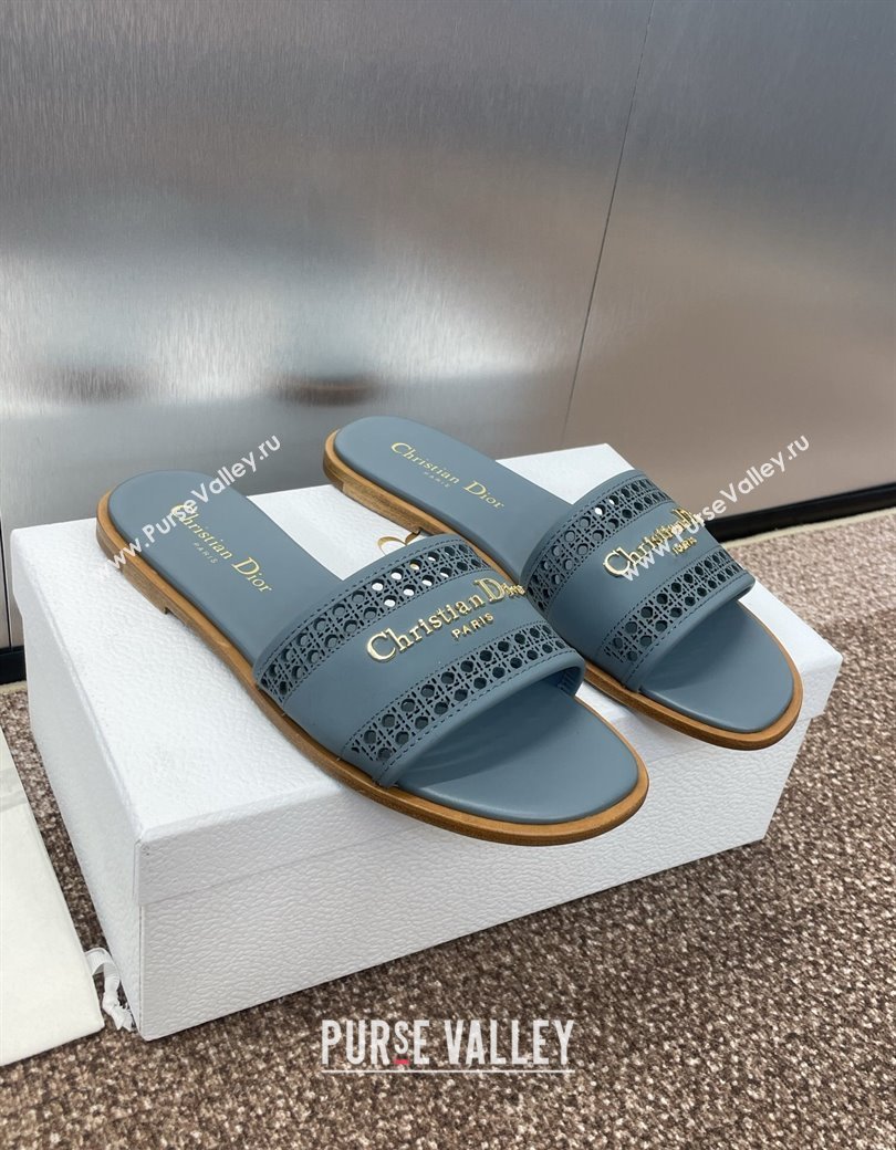 Dior D-Lane Flat Slides Sandal in Calfskin with Openwork Microcannage Motif Blue 2024 (JC-241231034)