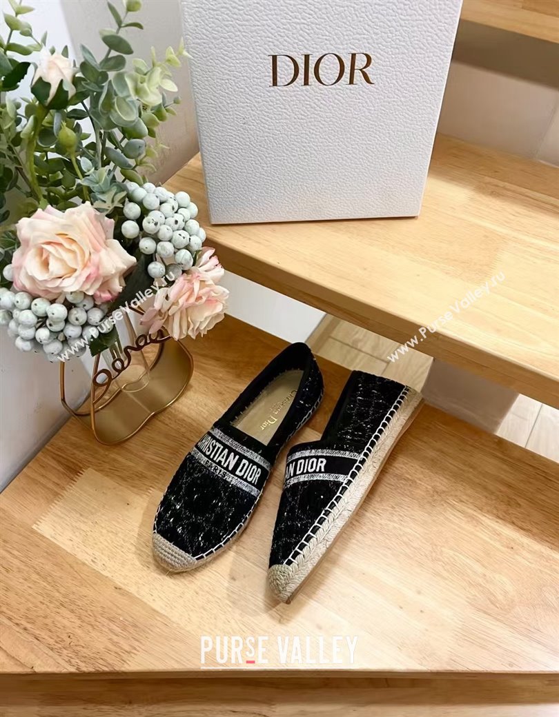 Dior Granville Espadrilles Flat in White and Black Cannage Tweed 2024 1231 (HB-241231080)