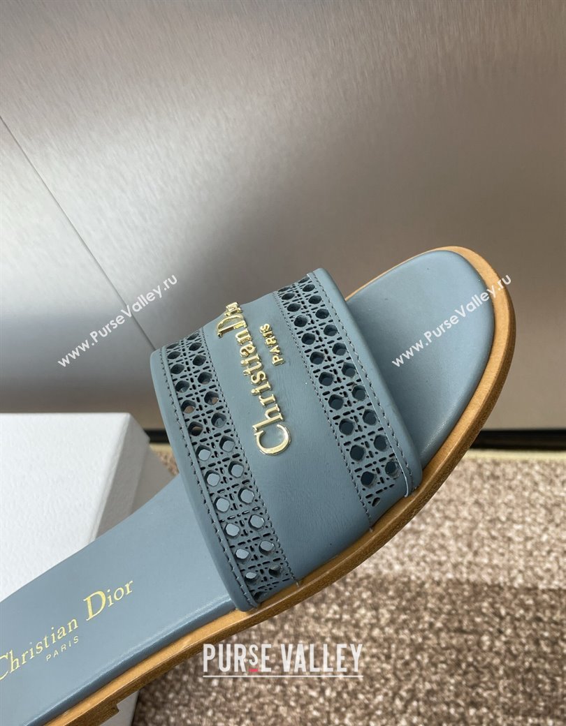 Dior D-Lane Flat Slides Sandal in Calfskin with Openwork Microcannage Motif Blue 2024 (JC-241231034)