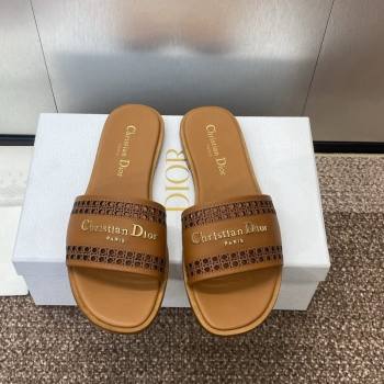 Dior D-Lane Flat Slides Sandal in Calfskin with Openwork Microcannage Motif Brown 2024 (JC-241231035)