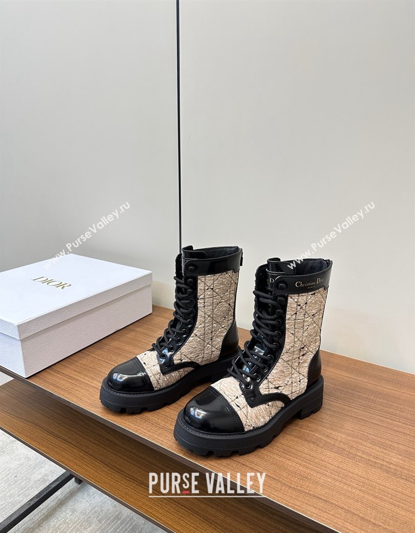 Dior D-Unit Ankle Boots in Beige Cannage Tweed and Black Calfskin 2024 (MD-241231084)