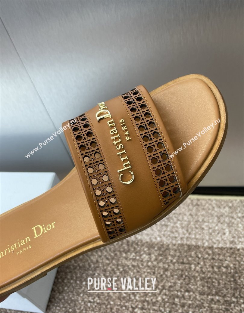 Dior D-Lane Flat Slides Sandal in Calfskin with Openwork Microcannage Motif Brown 2024 (JC-241231035)