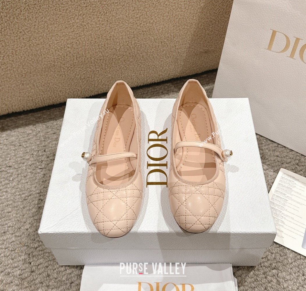 Dior Mary Janes Ballet Flats in Quilted Cannage Calfskin with Pearl Nude Pink 2024 12231 (MD-241231085)