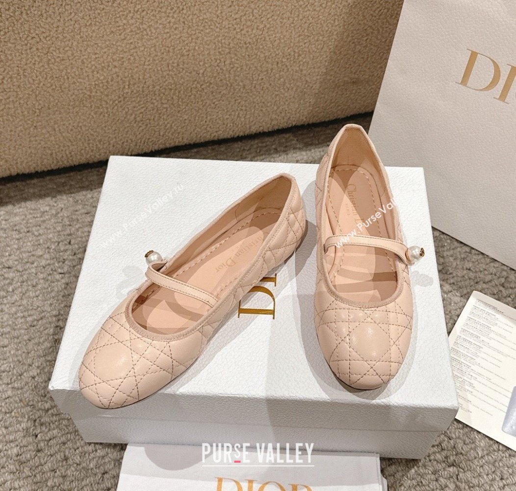 Dior Mary Janes Ballet Flats in Quilted Cannage Calfskin with Pearl Nude Pink 2024 12231 (MD-241231085)